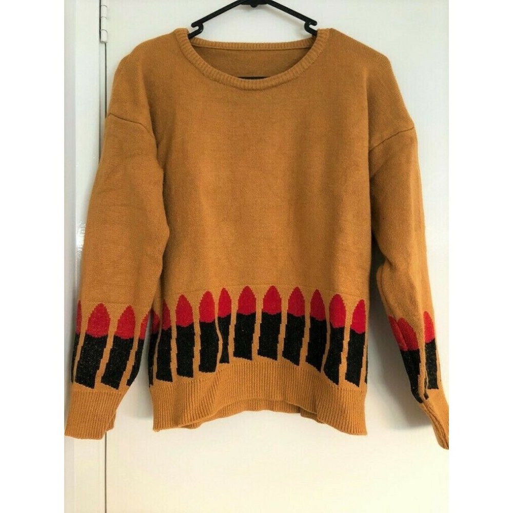 Lipstick Print Mustard 100% Acrylic Pullover Knit Top XS Winter Warm Korea - Picture 1 of 3